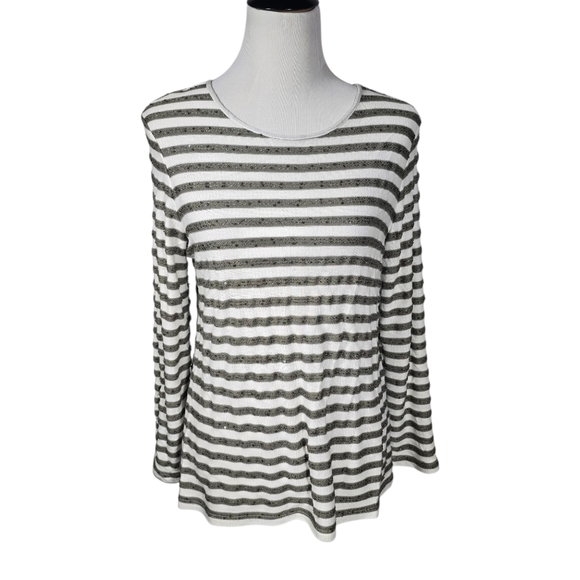 Chico's Size 2 (Approx Size 12) Green White Striped Long Sleeve Top - Picture 1 of 7